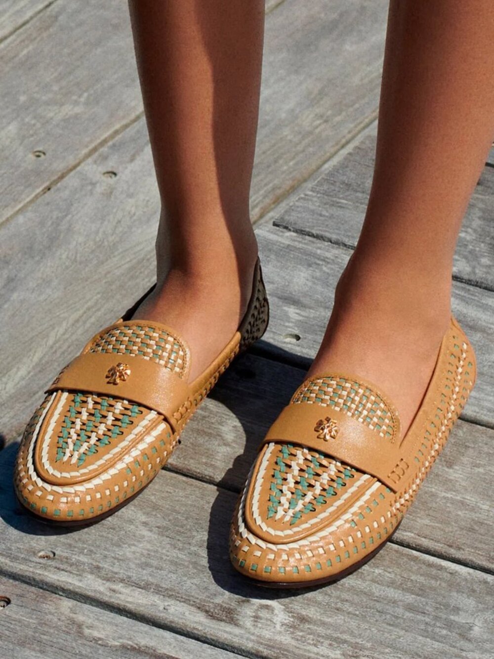 Tory Burch $348 Woven Ballet Loafer Flats Tan Blue SUPER COMFY!